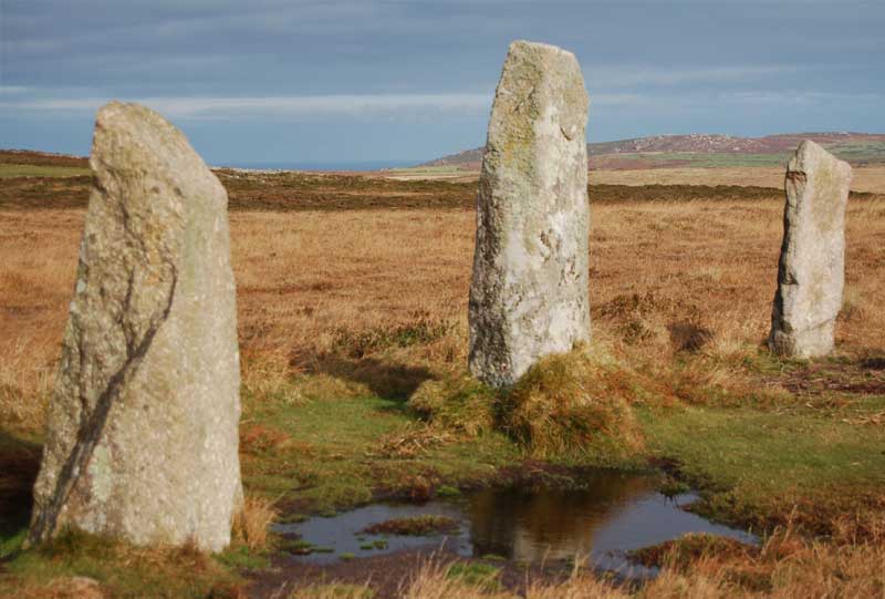 <br>Three of the Nine Maidens, Zennor Hill in background., Penwith Local History Group