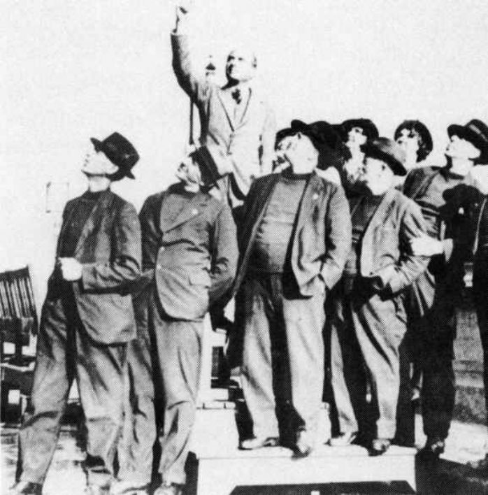 The crew of the Rosebud: Ben Batten, Cecil Richards, Billy "Swell" Richard, William Henry Williams and "Sailor" Joe Harvey. Behind the crew, fist raised, is Alec Beechman MP(Newlyn Archive)