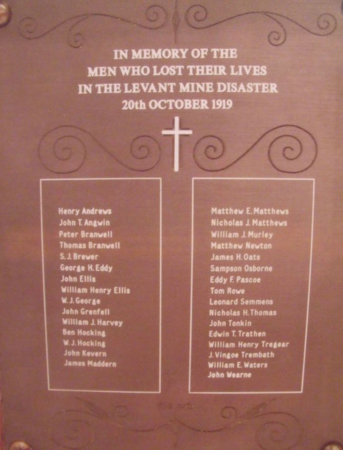 Memorial plaque to the men who lost their lives in the Levant Man Engine Disaster of 20 October 1919. (This plaque was previoulsy in Trewellard Wesleyan Chapel and is now in the Hard Rock Museum at Geevor, photo: Clint Hosking)