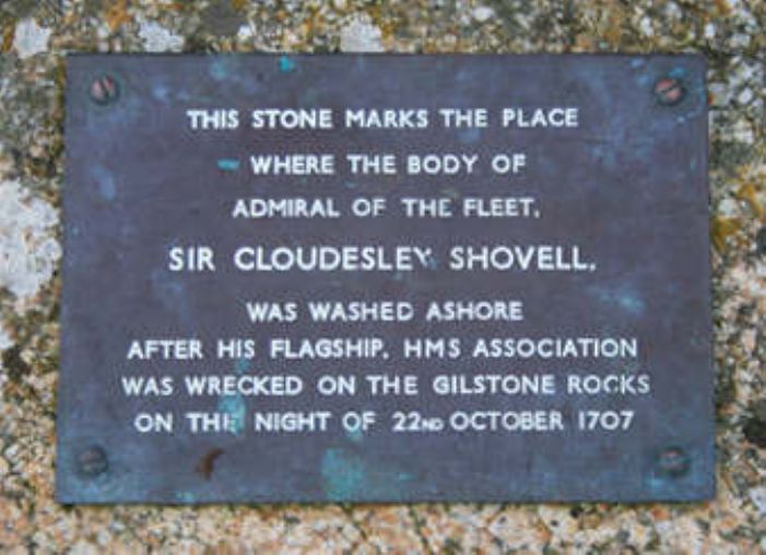 The plaque from the Cloudesley Shovell memorial, Porthellick, St Mary's (extracted from an original photo by David Lally at geograph.org.uk)