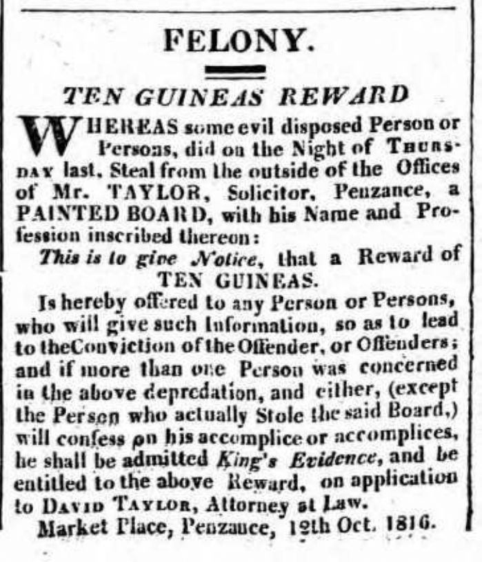 Theft of a solicitor's boards (Royal Cornwall Gazette, 19 October 1816, courtesy of Cornish Studies Library, Redruth)