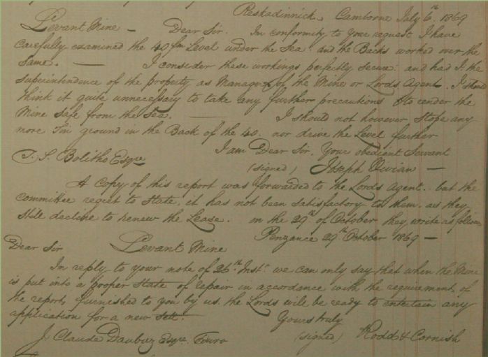 Extract from the June 1869 Cost Book showing part of the report of the committe set up to negotiate a new lease. The extract includes the report of Captain Joseph Vivian and the terse response from the Lords' agents. (Inage: Ted Mole, from the original Cost Book held by Cornwall Record Office)