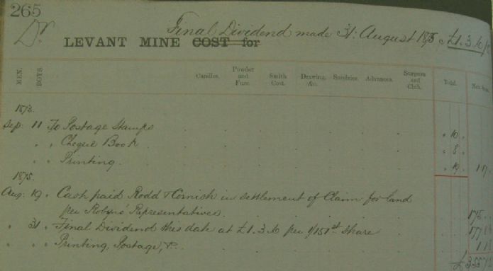 The last entry in the Cost Book of the Levant Old Company, 31 August 1875 (image: Ted Mole, from the original Cost Book held by Cornwall Record Office)