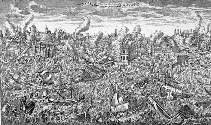 Lisbon in Flames and Overwhelmed by the Tsunami of 1755 (unknown artist, sourced from Wikipedia: https://en.wikipedia.org/wiki/1755_Lisbon_earthquake)