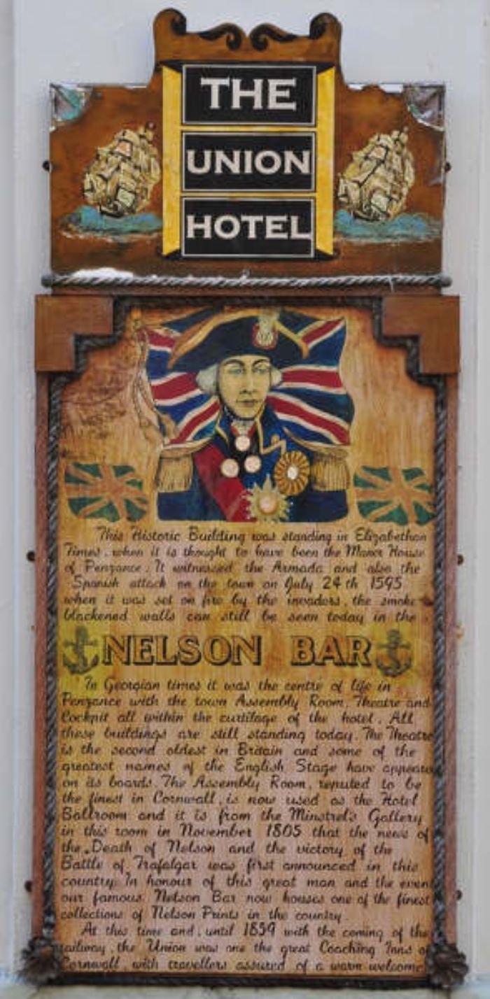 Plaque from the Nelson Bar of the Union Hotel in Penzance (photo; Robin Stevens)