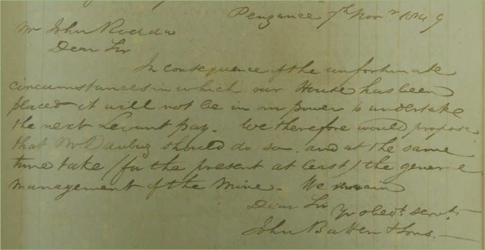 John Batten's note to John Rodda as copied into the Levant Cost Book July/August 1849