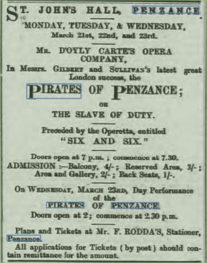 The Pirates in Penzance 1881 (Cornish Telegraph 17 Match 1881)