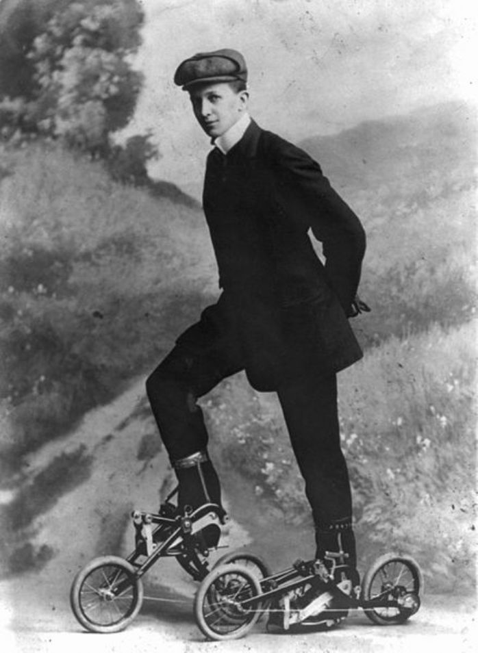 Cutting a dash in 1910 with pedal-powered skates. They look absolutely lethal to me! (image courtesy of Wikimedia)