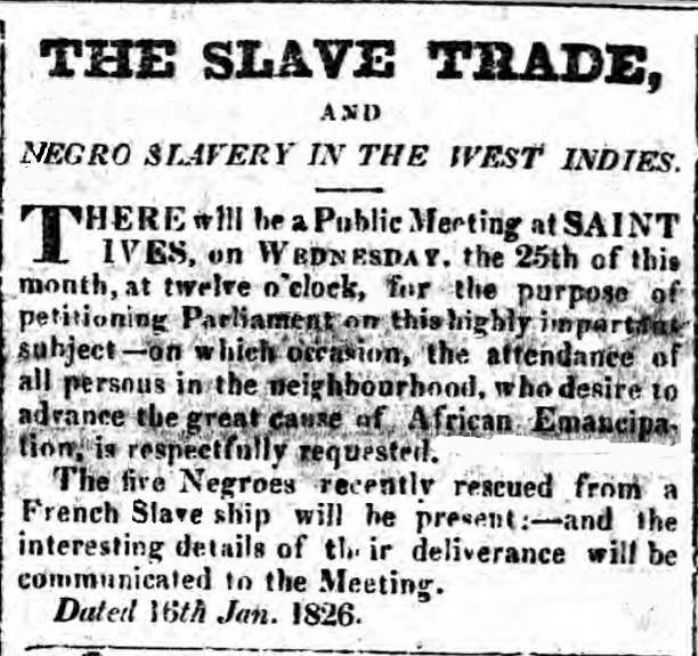 Publicity for the St Ives Anti-Slavery Meeting from p1 of the Royal Cornwall Gazette 21 January 1826 (courtesy of Morrab Library) 