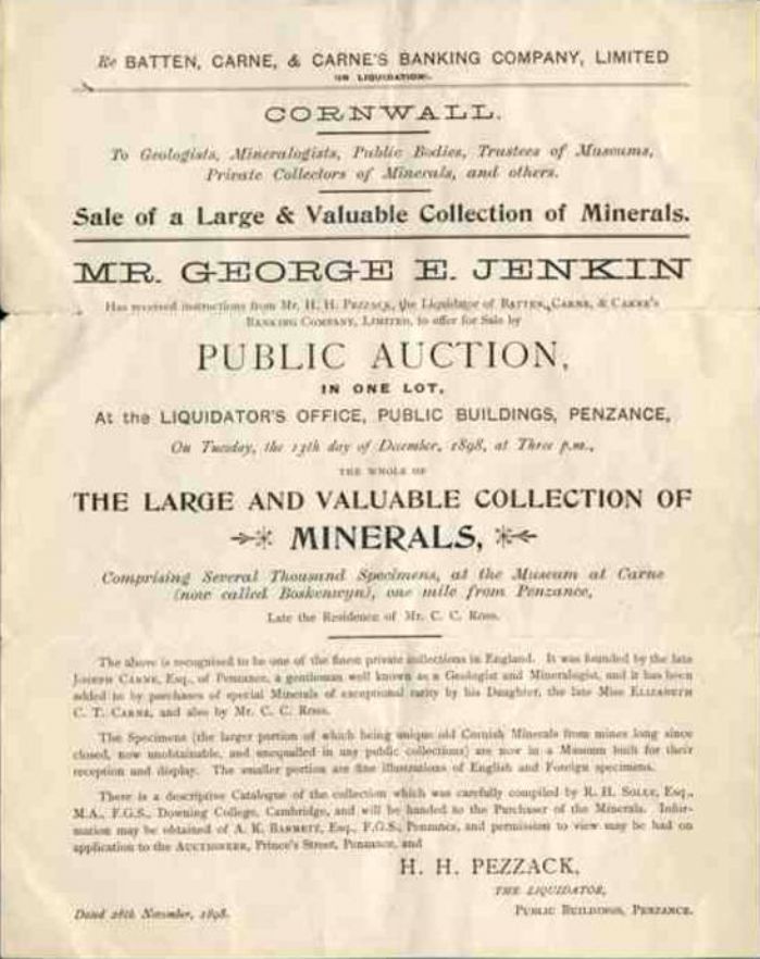 Poster for the auction in 1898 of the Carne mineral collection, following the collapse and liquidation of the Batten, Carne and Carne’s Bank. Sedgwick Archive Ref.: DDF Box 545
