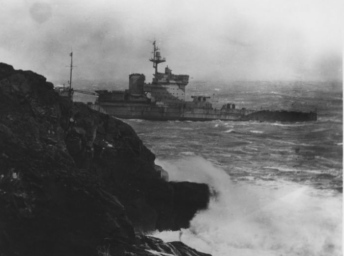 HMS Warspite aground off Prussia Cove: Photo courtesy of the Morrab Photo Archive