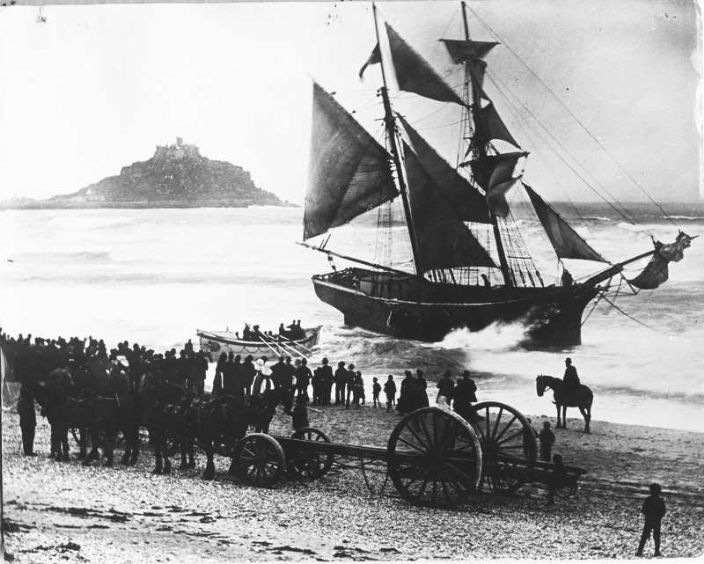 Jeune Hortense aground on Long Rock sands, courtesy Morrab Library Photo Archive