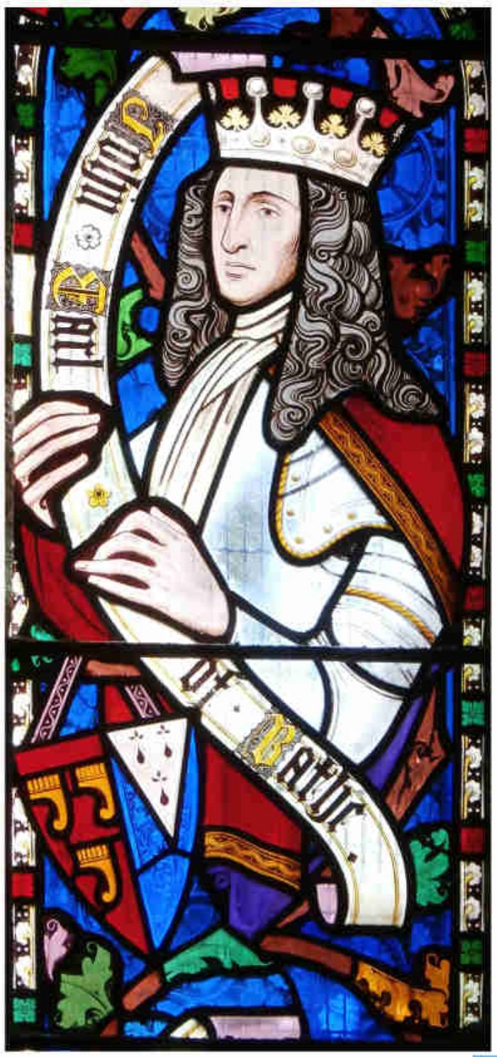 John Granville, 1st Earl of Bath (1628-1701), detail from one of two large stained glass windows depicting the genealogy of the Grenville family, in the Granville Chapel, Church of St James the Great, Kilkhampton, Cornwall, erected jointly by his descendants in 1860 (source  Wikipedia)