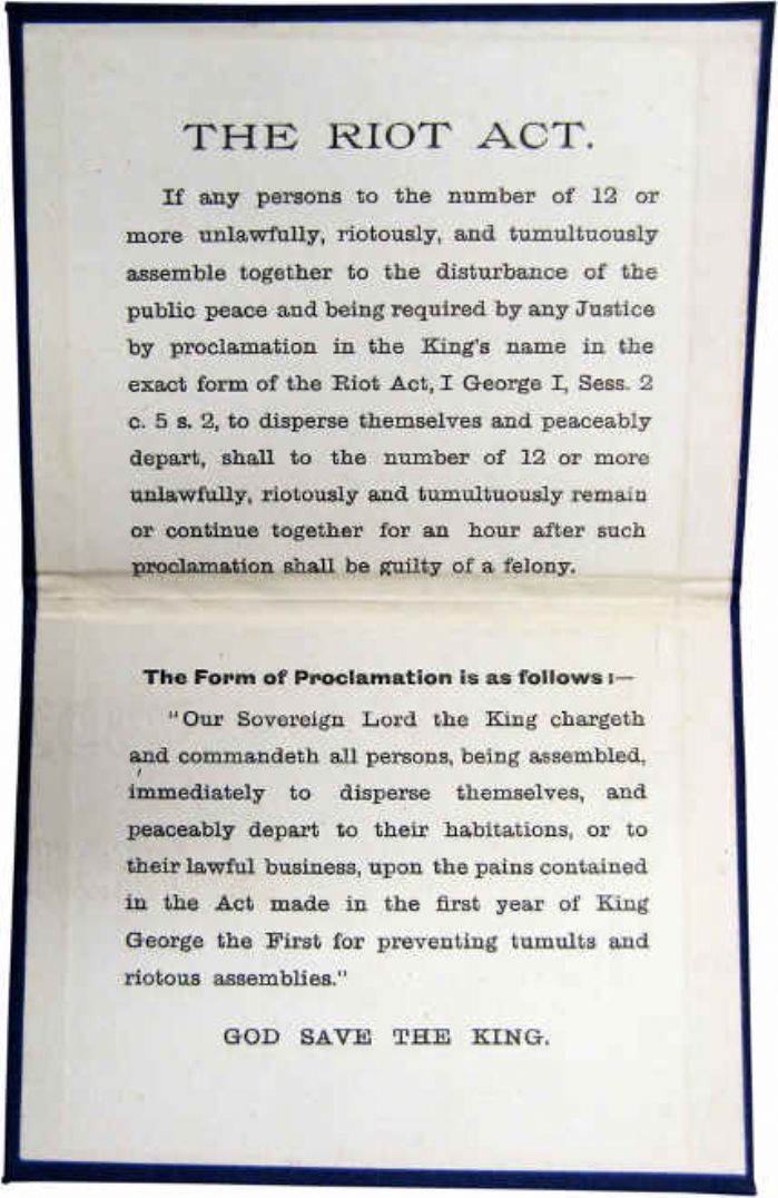 The Riot Act 1714, the lower part contains the proclamation which was to read out (photo of an early 20th century original, public domain)