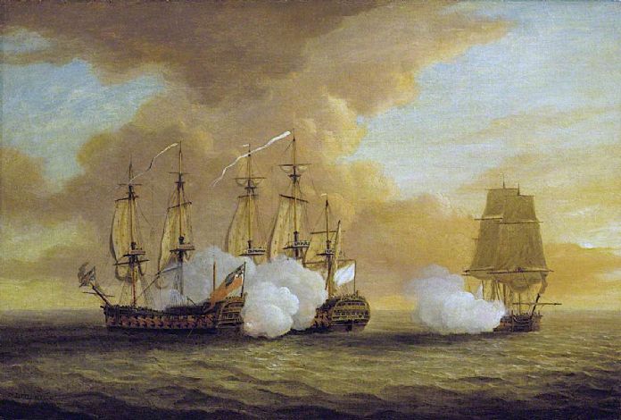 The battle between HMS Lion (on the left) and the French 64 Elizabeth (in the centre), Du Teillay is the smaller vessel on the right and took little part in the fight. The painting is by Dominic Serres c1780 and is held in the collection of the National Maritime Museum in Greenwich, the image is public domain.