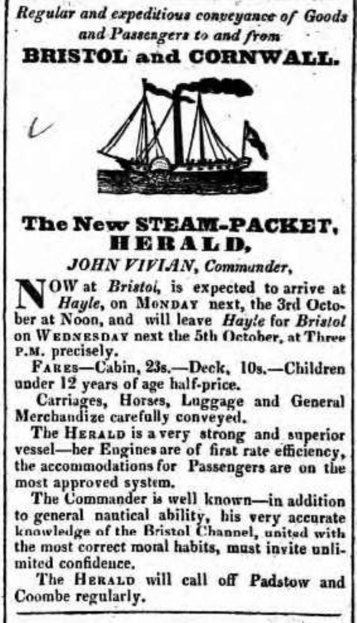 An early advertisement for the Hayle-Bristol steam packet service operated by the Herald. (courtesy Morrab Library)