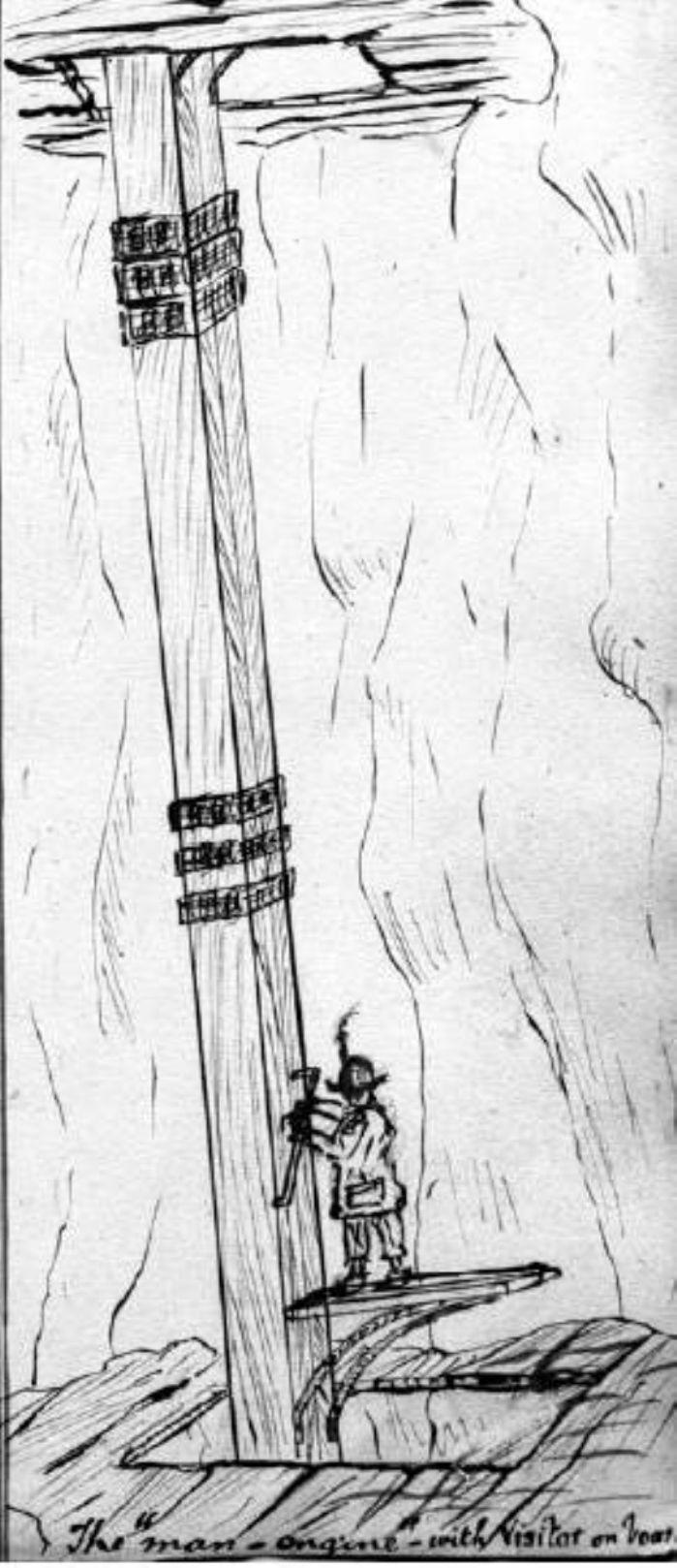 The Levant man-engine, a cartoon from Frank Allum who visited Levant in 1887 (author's collection)